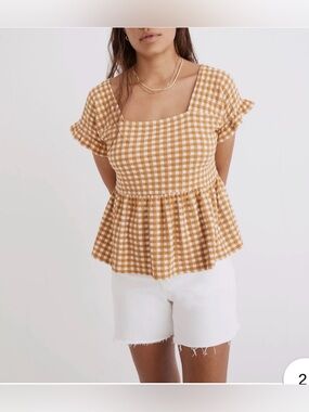 Madewell ** orange/red ** Gingham Square-Neck Peplum Top